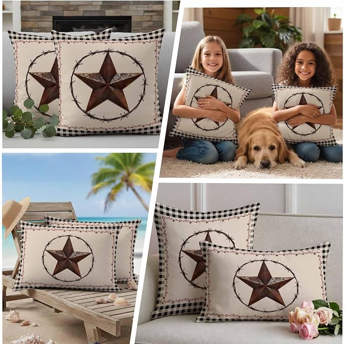 American Country Outdoor Waterproof Throw Pillow Covers Set of 2, 20"x12", Star Farmhouse Beige Black Buffalo Plaid Decorative Pillow Covers Outside Cushion Case for Patio Porch Garden