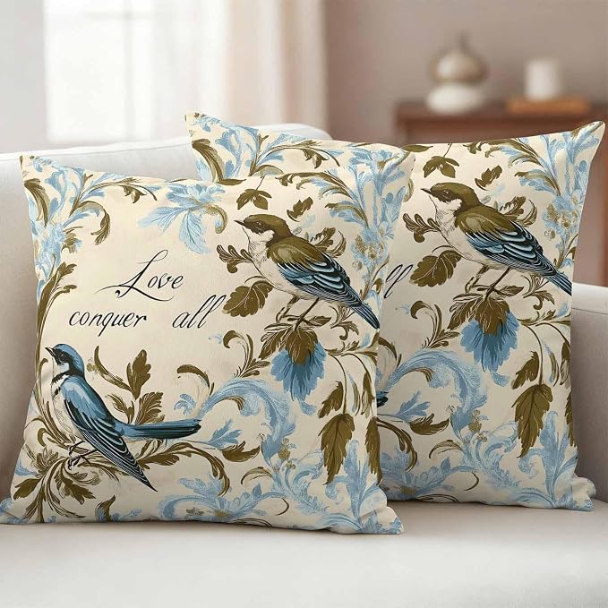 Vintage Bird Flower Outdoor Waterproof Throw Pillow Covers Set of 2, 26"x26", Watercolor Green Blue Floral Decorative Pillow Covers Outside Cushion Case for Patio Porch Garden