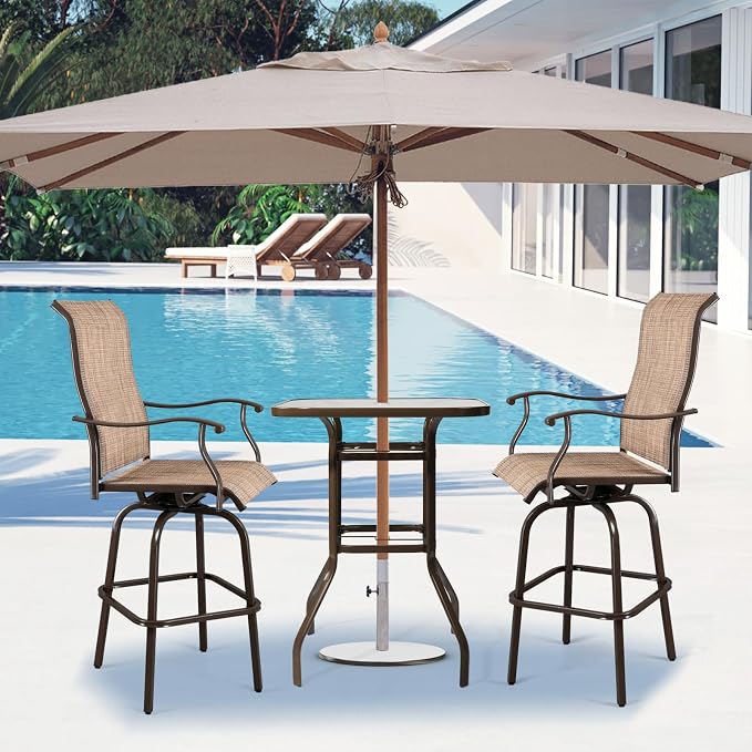 Bonnlo Patio Bar Table with Umbrella Hole, Metal Outdoor Pub Table, High Top Bistro Table for Deck