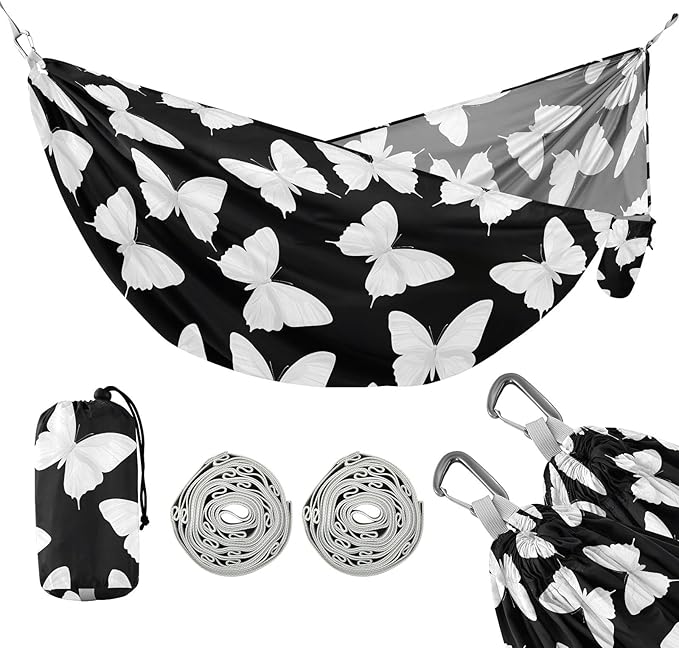 Camping Hammock Outdoor Hammocks for Outside White Butterfly Black Beach Trees Portable Lightweight with Pockets Tree Straps Indoor Small