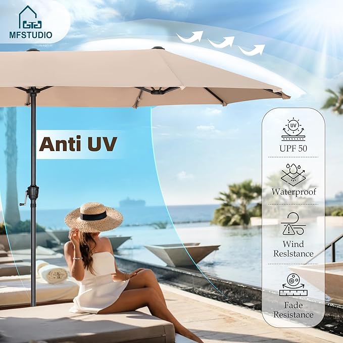 MFSTUDIO 13ft Outdoor Patio Umbrella, Double Sided Large Rectangular Umbrella Market Table Twin Triple Rectangle Umbrellas with Crank Handle for Outside Picnic Backyard Deck Pool (no base)