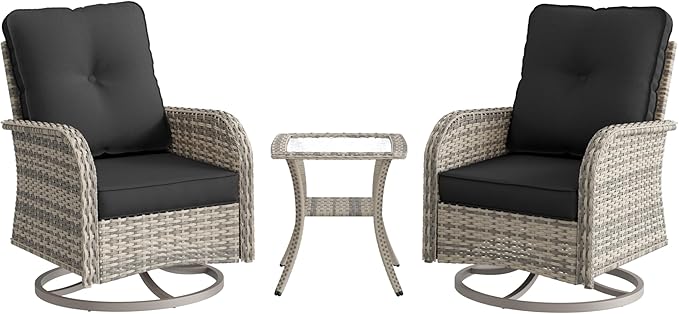 Patio Rocking Swivel Chair Outdoor Wicker Rattan Bistro Set with Tempered Glass Side Table, Outdoor Patio Furniture Set for Garden, Deck, and Balcony, Dark Grey
