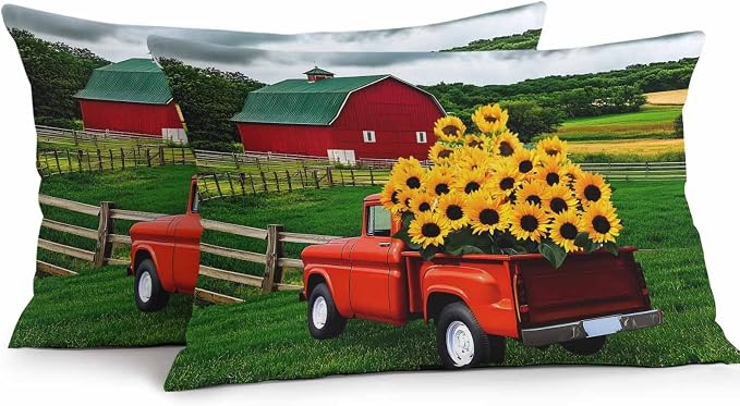 Waterproof Pillow Covers Set of 2 12x20 Inch Farmhouse Sunflower Outdoor Lumbar Cushion Covers Farm Red Truck Decorative Pillow Cases for Patio, Sofa, Couch, Garden