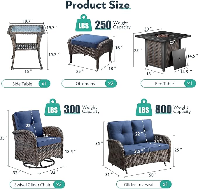 7 Piece Patio Furniture Set with Fire Pit Table - Wicker Patio Conversation Set with Swivel Glider, Glider Loveseat, Side Table and 2 Ottomans for Deck Backyard - Brown Wicker Blue Cushion