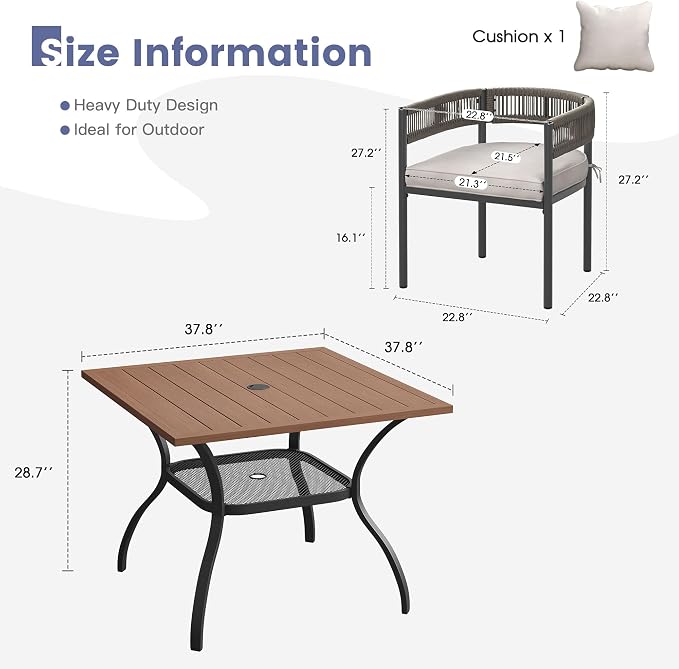 VICLLAX Patio Dining Set, 37.8" Walnut Table & 4 Chairs with Wheat Cushion | Outdoor Table and Chairs Set of Square Metal Patio Table, Outdoor Dining Chairs with Metal Frame, Garden Deck Porch