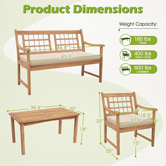 RELAX4LIFE Wood Patio Furniture Set - 4-Piece Outdoor Furniture w/Seat Cushions & Coffee Table, Loveseat Sofa Set for Balcony Porch Deck Poolside Backyard, Acacia Wood Conversation Set (Off White)