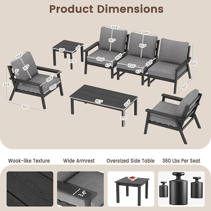 Ayge HDPE Patio Furniture Set, 6 Piece Sectional Outdoor Furniture Set, All Weather Outdoor Couch Set Patio Conversation Set for Deck, Lawn, Black