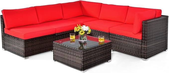 COSTWAY 6-Piece Outdoor Patio Furniture Set, Rattan Sectional Sofa Set with Tempered Glass Coffee Table and Cushions for Garden, Deck, Backyard (Red)