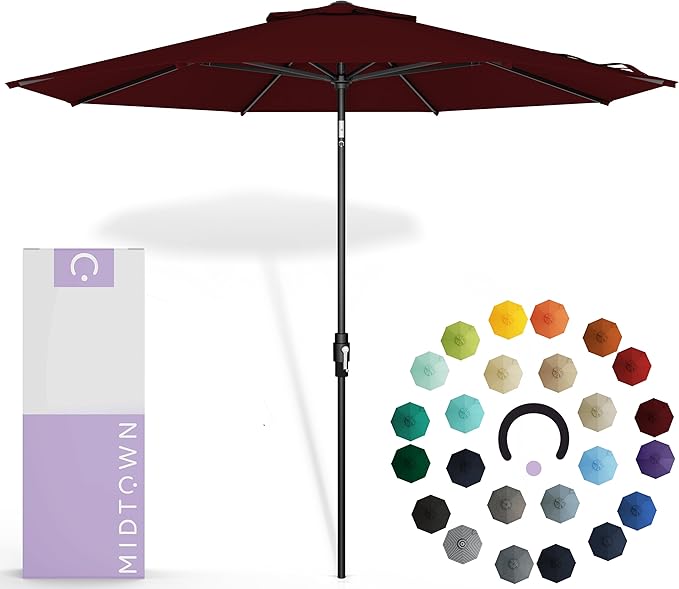 Midtown Umbrellas 8 Feet Aluminum Patio Umbrella With Fiberglass Ribs In Sunbrella Burgundy - Auto-Tilt And 360 Degrees Swivel For Optimal Shade