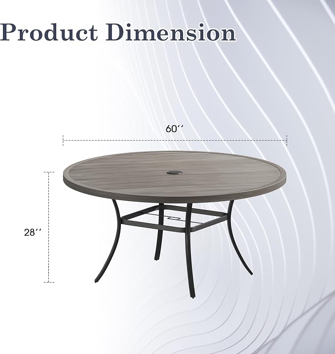 Outdoor Dining Table for 8, 60" Round Outdoor Table with Adjustable Umbrella Hole, All-Weather Metal Patio Dining Table for Lawn Garden Backyard Deck, Grey