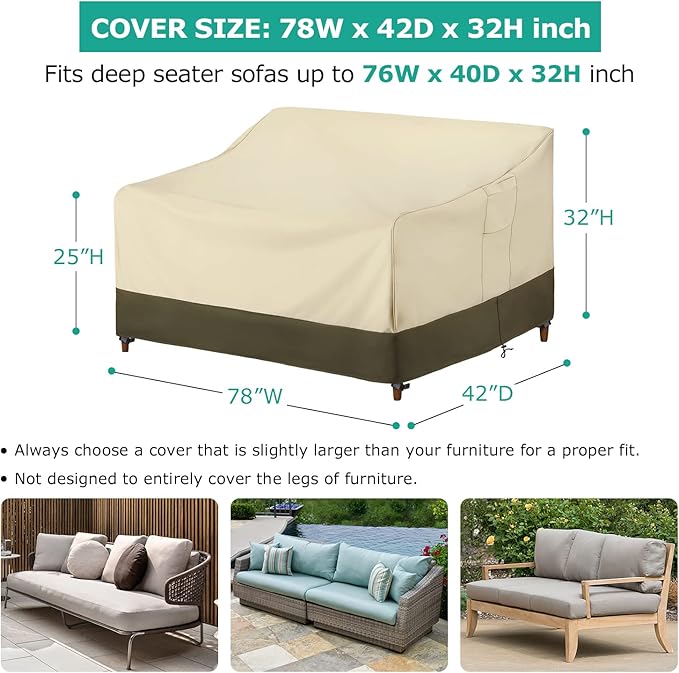 SunPatio Outdoor Couch Cover Waterproof, Patio Furniture Covers for 3 Seater Sofa, 78W x 42D x 32H inch, Heavy Duty Deep Seat Sofa Cover with Air Vents and Handles, Beige & Olive