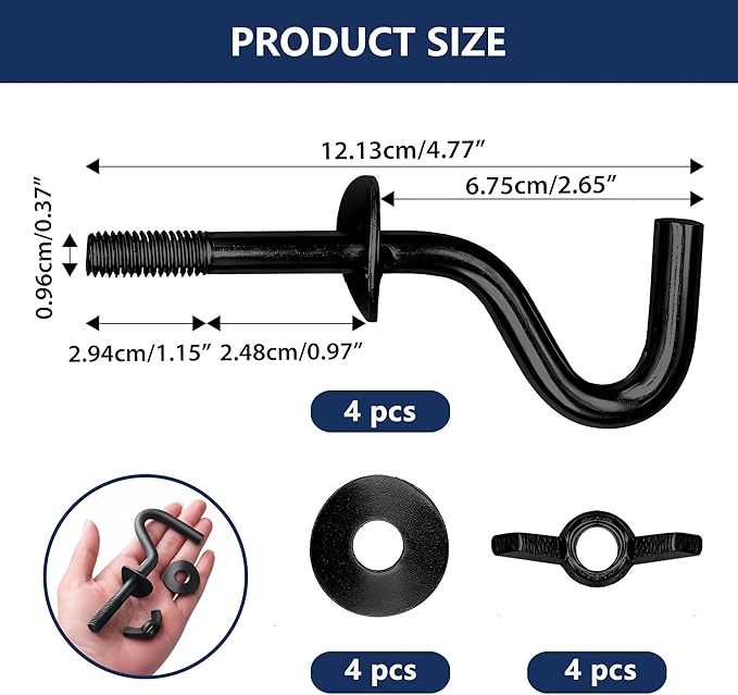 4 Pack Heavy Duty Hammock Hooks, Galvanized Metal Replacement Hardware for Hammock Stand, Fits 1-1/4 to 2 Inch Poles, 3/8 Inch Diameter S-Hooks for Indoor Outdoor Patio Swing & ChairBlack