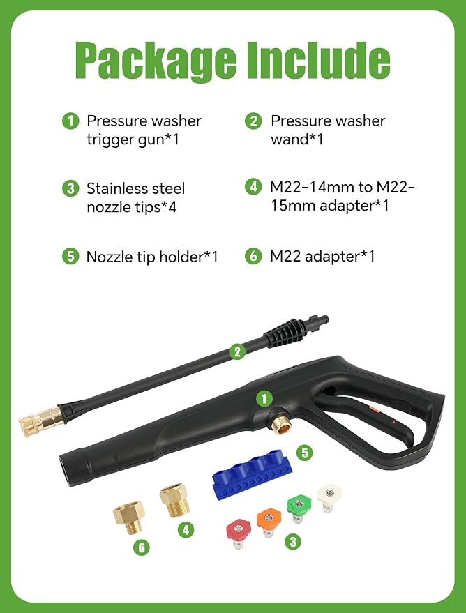 Pressure Washer Gun Set, Max W.P. 2320PSI, B.P. 5000PSI, Replacement for Ryobi Powerstroke Karcher Greenworks, M22-14mm & M22-15mm Fitting, 4 Stainless Steel Nozzle Tips & Holder