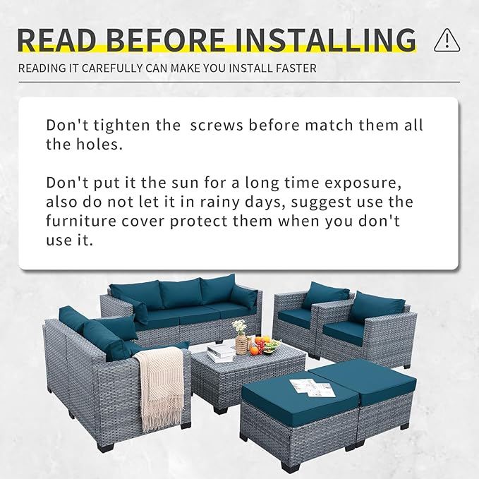 7 Piece Wicker Patio Furniture Sets Outdoor Conversation Set, PE Rattan Sectional Sofa Couch with Storage Table and Non-Slip Peacock Blue Cushions, Furniture Covers Included