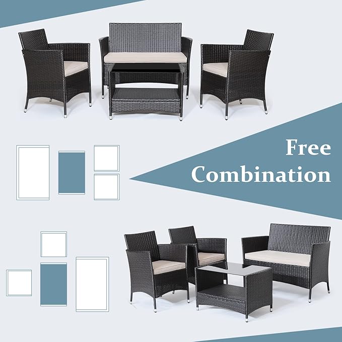 Tangkula 8 Pieces Patio Furniture Set, Patiojoy Outdoor PE Wicker Conversation Set with Soft Cushions and Tempered Glass Tabletop, Outdoor Garden Furniture Set with 2-Tier Coffee Table (2, Brown)