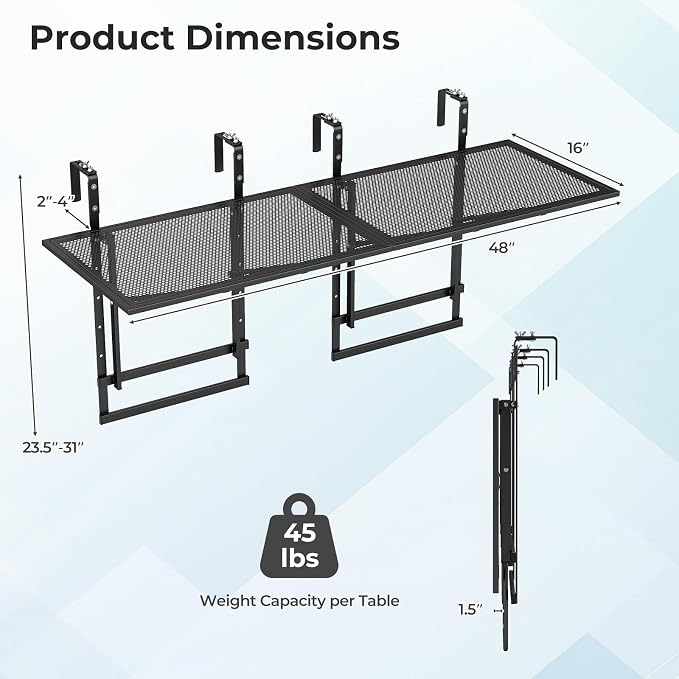 Giantex 48" Balcony Railing Table, 2-Piece Connectable Metal Folding Hanging Bar Table with 5-Level Adjustable Height, Fit 1.5"-3.5" Round/Square Railing, Outdoor Side Desk for Patio & Deck