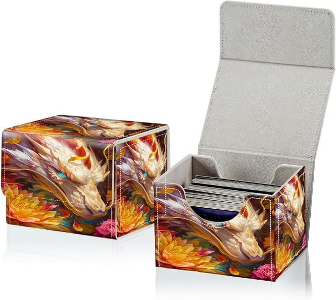 Card Deck Box for MTG, Cards Storage Box Fits 120+ Sleeved, Leather Small Size Strong Magnetic Closing Card Case for Board Games Magic TCG CCG Baseball Collection, Lotus White Dragon