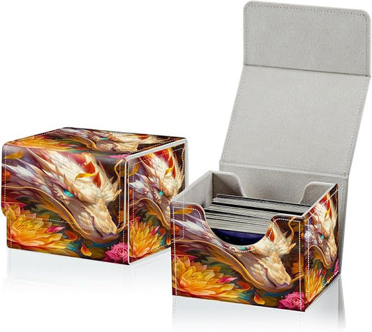 Card Deck Box for MTG, Cards Storage Box Fits 120+ Sleeved, Leather Small Size Strong Magnetic Closing Card Case for Board Games Magic TCG CCG Baseball Collection, Lotus White Dragon