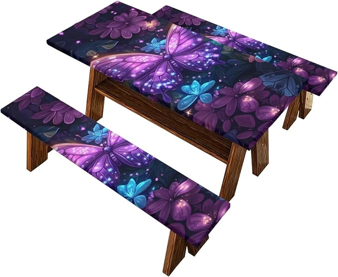 Butterfly Picnic Table Cover with Bench Covers Camping Essentials Outdoor Table and Chairs Decorative Sets Flexible Picnic Table 3 Piece Set Suitable for BBQ Picnic Party Camping