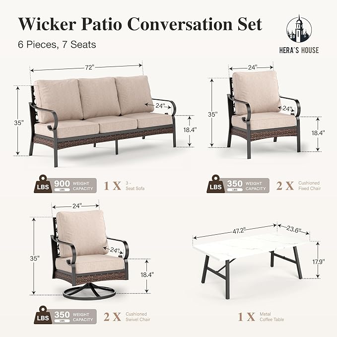 HERA'S HOUSE 6 Piece Metal Patio Furniture Set, All Weather Outdoor Conversation Set with 3-Seat Sofa, 2 Swivel Chairs, 2 Fixed Chairs & Coffee Table, 7 Seats for Backyard, Garden, Deck, Beige