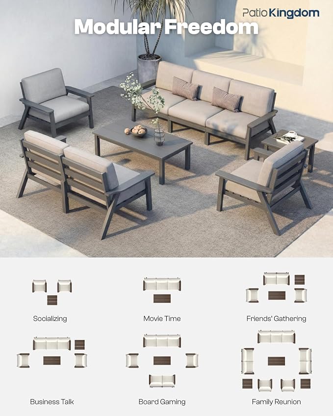 7 Piece Patio Conversation Sets, Outdoor Couch with Washable Thick Gray Cushions, HDPE Patio Furniture Set, Outdoor Sectional Furniture for Backyard, Deck, Lawn, Porch (Grey Frame)