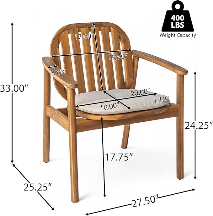 Christopher Knight Home Meja Acacia Wood Patio Dining Set for 4, Solid Wood Outdoor Dining Table Set for 4, Round Dining Table and Chairs Set of 4 with Cushion, Teak+Beige
