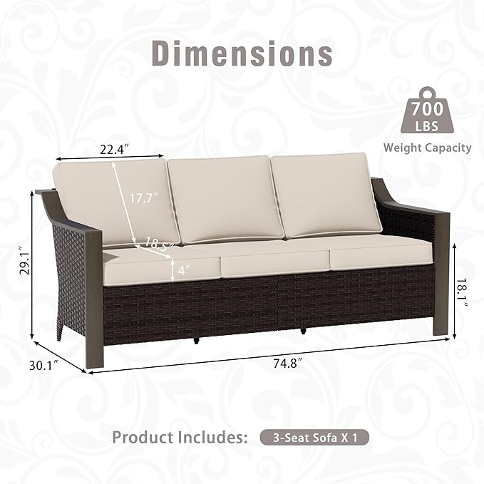 3 Piece Wicker Patio Conversation Set, All-Weather Use Outdoor Wicker Sofa with 2 PE Rattan Chair, Removable Water-Resistant Cushion, Ideal for Porch, Backyard, Balcony, Poolside, Beige
