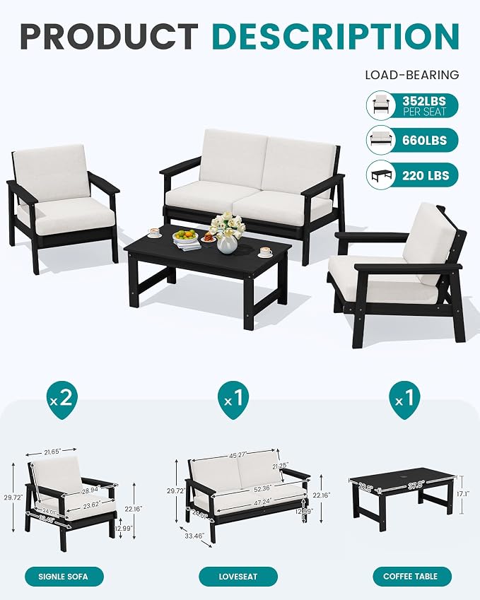 SERWALL HDPE Patio Furniture Set with 15FT Double Side Patio Umbrella, All Weather Wood-Like Outdoor Sofa Sectional Couch, Black Patio Furniture with Khaki Cushions
