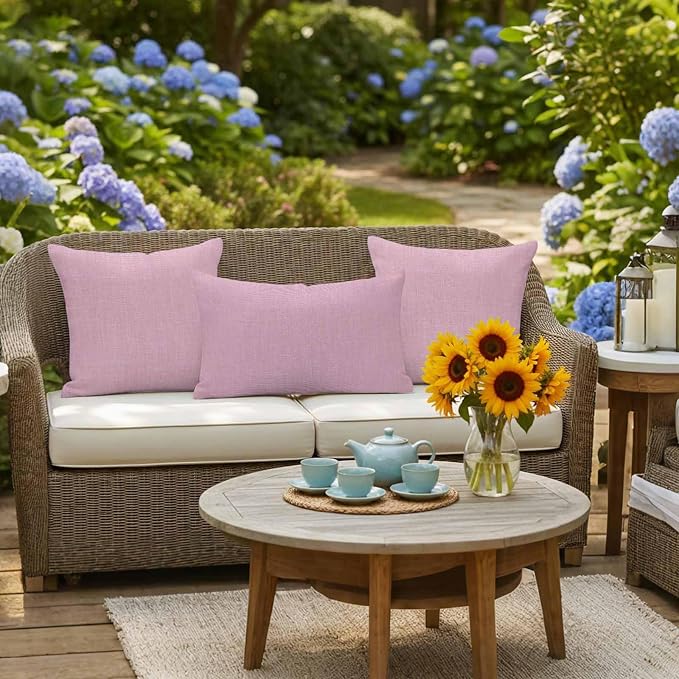 Pack of 2 Waterproof Outdoor Pillow Covers 20x12 Inch Decorative Pillow Covers Pink Burlap Texture Throw Pillowcases Farmhouse Vintage Pink Outdoor Cushion Cover for Couch, Patio, Tent