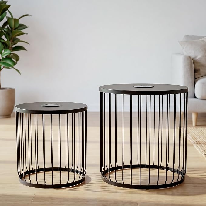 Solar Outdoor Side Table with Light Set of 2, Modern Round Patio Side Tables for Outside, Metal Outdoor End Accent Table for Living Room, Patio, Poolside, Backyard, Garden, Black