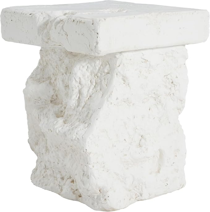 Christopher Knight Home Nataly 18.75" H Small Outdoor Side Table, Carved Garden Stool with Stone Block Shape, Lightweight Concrete End Table, Patio Decorative Home Stool for Balcony Backyard, White