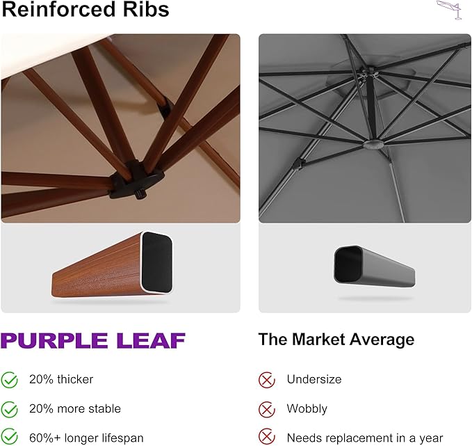 PURPLE LEAF 11ft Patio Large Cantilever Umbrella Outdoor Round Wood Umbrellas Offset Umbrella Heavy Duty Sun Umbrellas for Garden Deck Pool, Heather Taupe