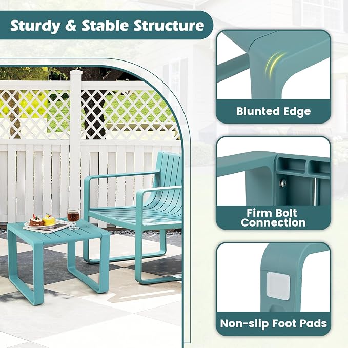 Tangkula 3-Piece Patio Furniture Set, Outdoor Conversation Set w/1 Loveseat & 2 Side Tables, All-Weather Patio Bistro Set for Lawn, Backyard, Poolside, Balcony, Garden, Deck, Blue