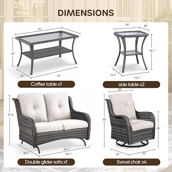 Patio Loveseat Glider Set, Resin Wicker Loveseat Glider with 2 Swivel Patio Chiars Coffee Table and Side Table, 5 Piece Patio Furniture Set Loveseat Set, Grey Wicker|Grey Cushions