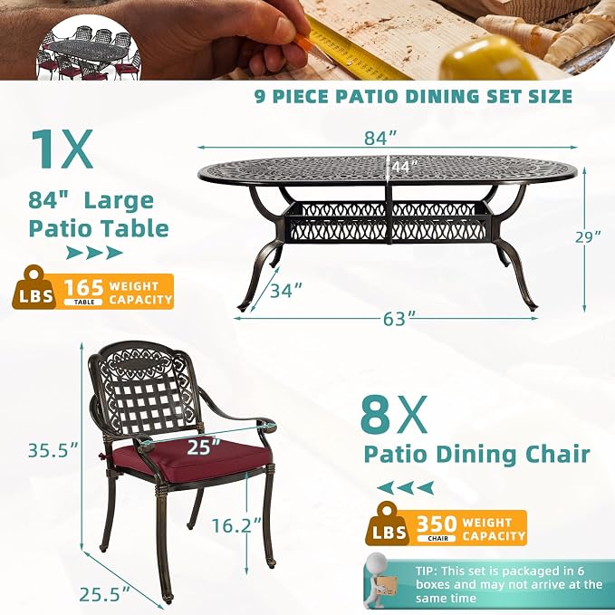 MEETWARM 9-Piece Outdoor Furniture Dining Set, All Weather Cast Aluminum Patio Garden Set with 1 Oval Table, 8 Chairs, 8 Cushions, 2" Umbrella Hole, Dark Bronze, Chili Red