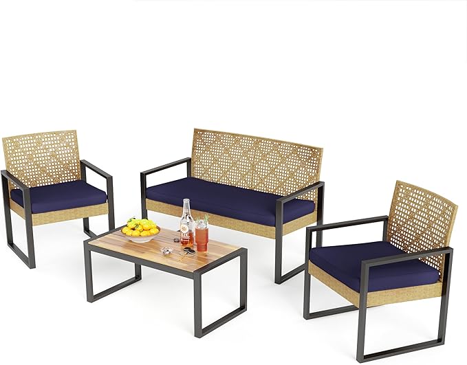 PHI VILLA Patio Wicker Furniture Set for 4, Yellow Rattan Loveseat & Chairs with Blue Cushions & Acacia Wood Coffee Table, Outdoor Modern Conversation Sofa Set for Deck, Yard, Porch