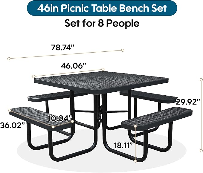 46" Square Picnic Table for Outside,Heavy Duty Metal Picnic Table Bench Set with 2in Umbrella Hole, 1600 lb Capacity,Commercial Dining Table Furniture for Garden Yard Patio Party Coffee Shop