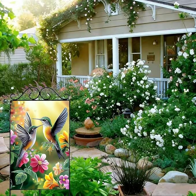 House Flags for Outside 28 x 40 Double Sided, Burlap Large Spring Summer Garden Flag Hummingbird Flowers Outdoor Flags Seasonal Farmhouse Yard Patio Porch Décor
