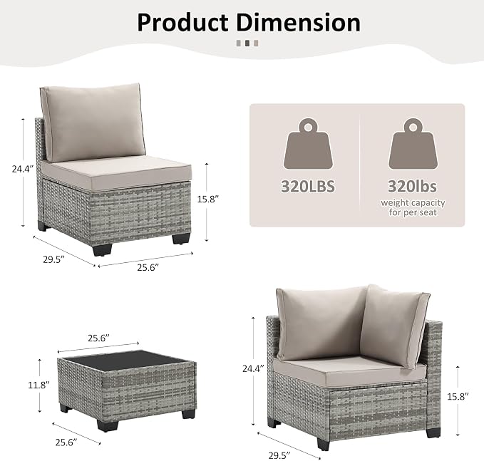 ANJ 3 Piece Outdoor Wicker Patio Furniture Set, Modular Loveseat Sofa with with Glass Top Coffee Table, All-Weather Rattan Conversation Couch Set for Balcony, Backyard, Light Grey Wicker-Grey