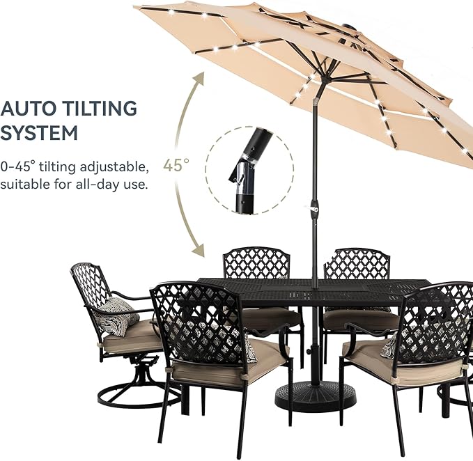 GREEN PARTY 10ft Patio Umbrella with Solar Lights, Auto-Tilt Lighted Market Table Umbrellas with Crank, 8 Sturdy Ribs & 1.5" Pole outdoor umbrellas for Patio Garden Deck Backyard Pool, Beige