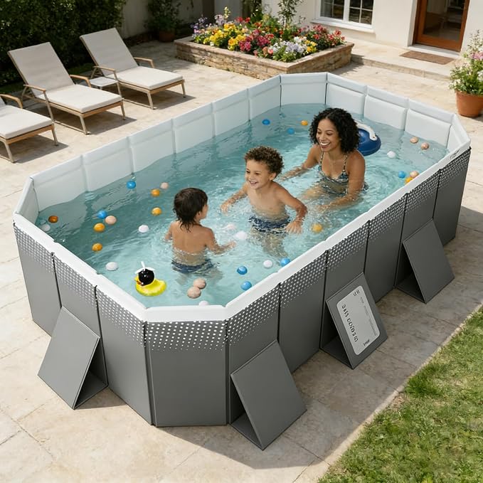 Foldable Swimming Pool, Rectangular Above Ground Swimming Pool for Outdoor Family Square Pool with Drain Plug and Drain Hole, Easy to Assemble Pool for Kids, Pets and Dogs(102.4" L x 65" W)