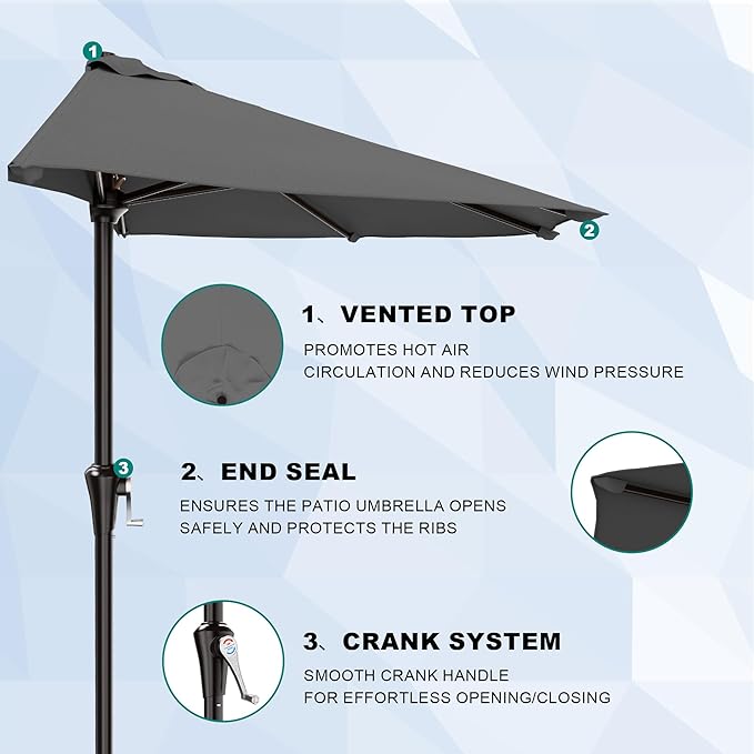 AreShark 9FT Half Patio Umbrella, Outdoor Wall Umbrella with Crank & 5 Sturdy Ribs, Table 1/2 Umbrella Patio for Garden, Deck, Balcony and Pool, Gray