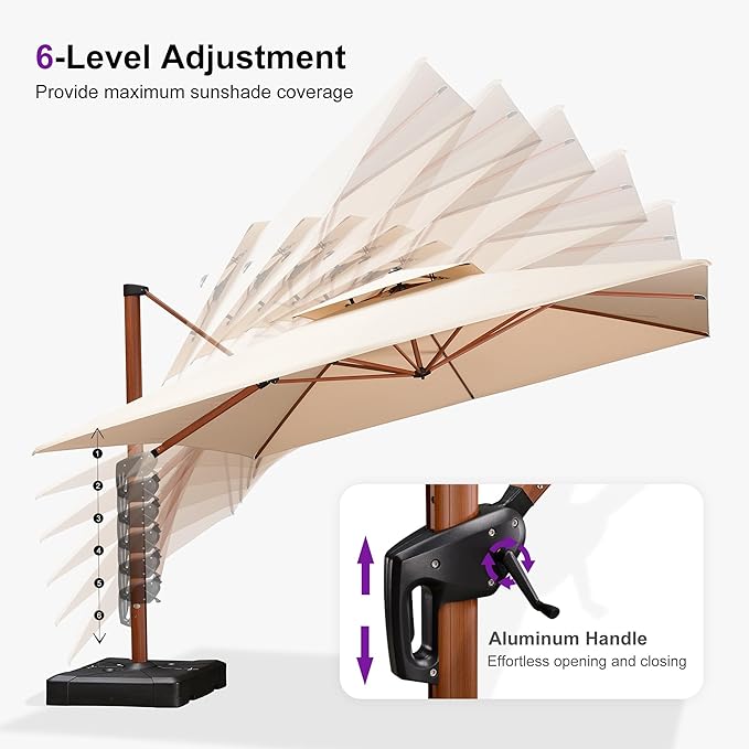 PURPLE LEAF 10' X 13' Double Top Deluxe Wood Pattern Rectangle Patio Umbrella Offset Hanging Umbrella Outdoor Market Umbrella Garden Umbrella, Beige