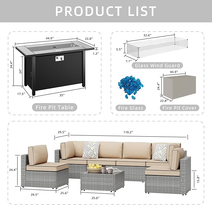JAMFLY 8 Piece Outdoor Patio Furniture Set with Propane Fire Pit Table, All-Weather PE Wicker Rattan Sectional Sofa Set with Thick Cushions for Backyard, Garden, Poolside(Khaki, Silver)