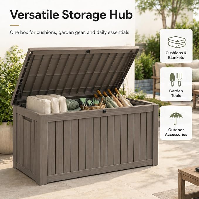 182 Gallon Outdoor Deck Storage Box, Large Waterproof Resin Patio Storage Box, Lockable Bench Seat Holds 2 Adults, for Garden Tools, Cushions & Pool Floats, UV & Rust Resistant, Gray Brown