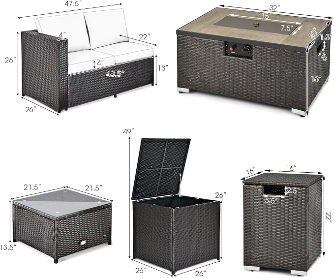 Tangkula 6 Pieces Patio Wicker Furniture Set with 32 Inches Propane Fire Pit Table and Tank Holder, Outdoor Conversation Set with Storage Box and Coffee Table, 2 Waterproof Covers Included (Beige)