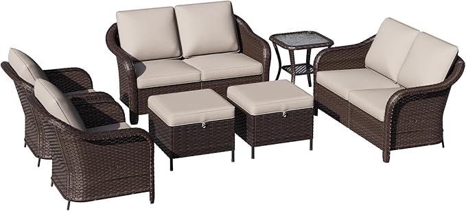 7 Piece Patio Wicker Conversation Set, 2 All-Weather Use Outdoor Wicker Loveseat with 2 PE Rattan Ottomans,2 Chair, 1 Side Table, Ideal for Porch, Backyard, Balcony, Poolside, Beige