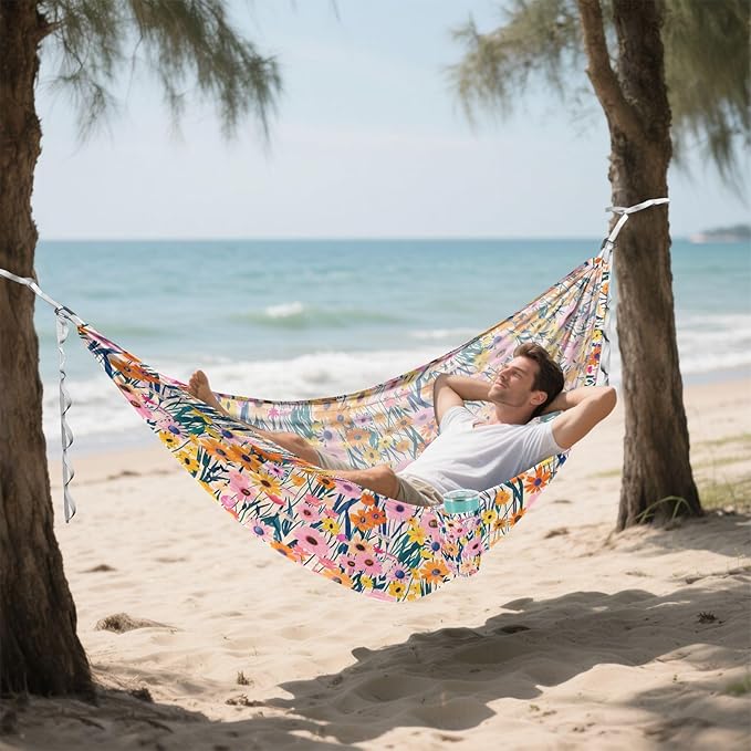 Camping Hammock Outdoor Hammocks for Outside Blooming Flowers Beach Trees Portable Lightweight with Pockets Tree Straps Indoor