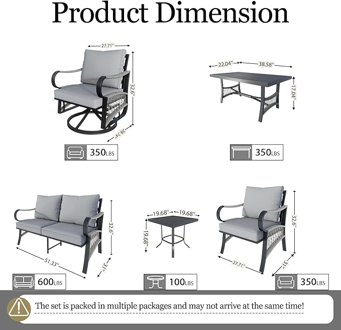 7 Pieces Patio Conversation Sets, All-Weather Metal Swivel Rocking Chairs with Rope Furniture Set, Outdoor Sofa Couch for Deck, Porch, Garden, Backyard, Poolside (Gray Cushions)