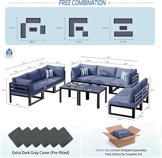 NICESOUL Extra Large Modern Aluminum Outdoor Sofa, 29" Deep Wide Seating, 500 lbs Durable Sectional Set for Heavy People, Rust Resistant Sturdy Patio Furniture Set for Backyard Poolside, Denim Blue
